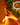 Statue of a woman holding glowing neon rings against an orange background
