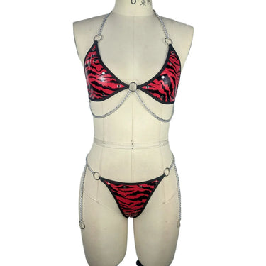 Koikiss Sex Toy® Women's PU Bra & Thong Lingerie Set – Red, Zebra & Spider Pattern | Model 2304004