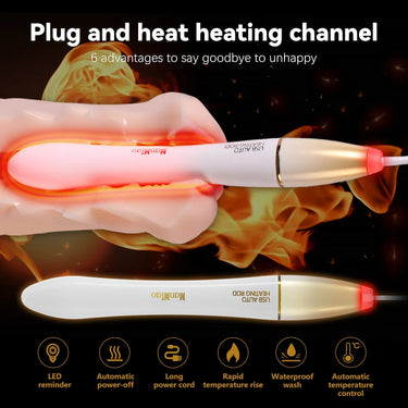 A handheld heating device shown being held in a hand, with glowing red heat effect and flame graphics, plus a second view of the device below. Large text at the top reads 'Plug and heat heating channel' and there are feature icons along the bottom.