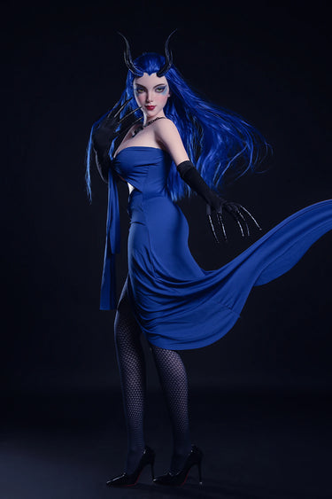Person in a blue dress with long hair and black gloves against a dark background