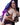 A sex doll with blue hair sitting on a chair near a window in a violet lingerie.
