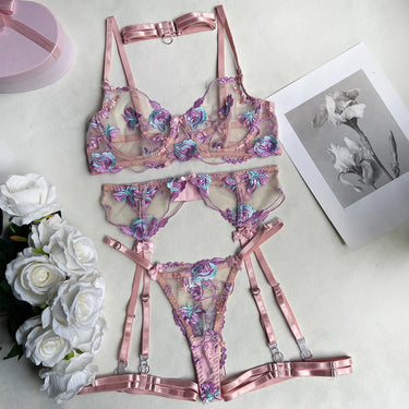 Koikiss Sex Toy®Women's Purple Embroidered Net Fabric Lingerie Set – Top, Thong Panties & Necklace | Model 3704