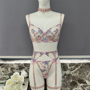 Koikiss Sex Toy®Women's Purple Embroidered Net Fabric Lingerie Set – Top, Thong Panties & Necklace | Model 3704