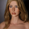 A highly realistic silicone doll with long blonde hair and blue eyes, designed to resemble a lifelike woman.