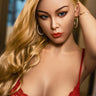 A highly realistic light tan sex doll with long blonde hair and a red dress, posed with a gentle expression.