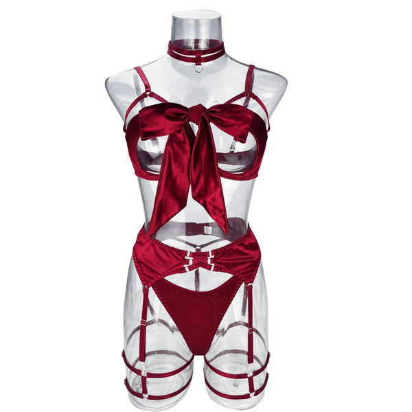 Koikiss Sex Toy® Women's Red & Black Polyester Lingerie Costume Set – Shirt, Underwear, Gloves & Necklace | Model 3613