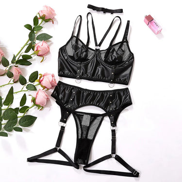 Koikiss Sex Toy® Women's Black Plus Size PU Leather & Fishnet Lingerie Set – Top, Waistband & Thong | Model 2211009