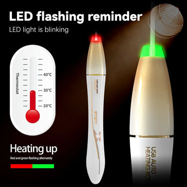 A handheld red light therapy device shown in multiple views on a black background, with text explaining LED flashing reminder and heating up. The device is white and gold, emitting red and green light, with a thermometer graphic and a close-up inset of the light source.