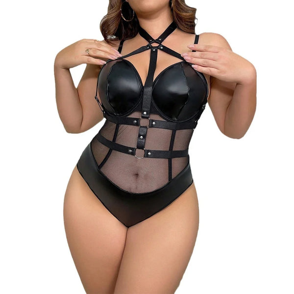 Koikiss Sex Toy® Women's Plus Size PU Leather & Fishnet One-Piece Dress – 1XL–4XL | Model 2403044