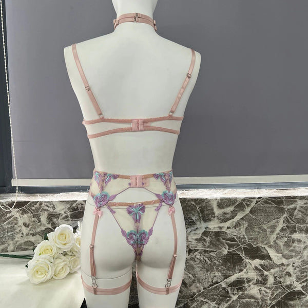 Koikiss Sex Toy®Women's Purple Embroidered Net Fabric Lingerie Set – Top, Thong Panties & Necklace | Model 3704