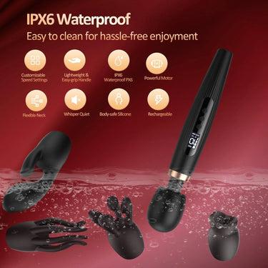 Sex Toy®LCD Large Wavy Wand Set | 4 Interchangeable Heads, 10 Vibration Modes & USB-C Charging | MDS-603