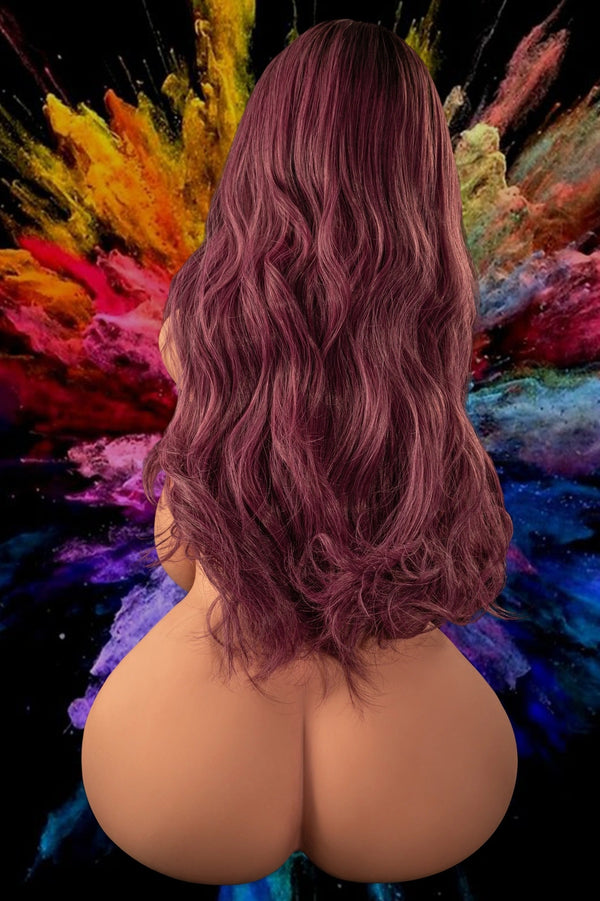 Person with wavy hair and a colorful abstract background