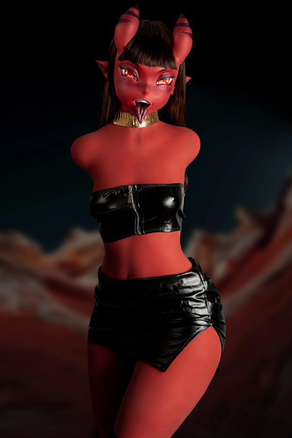 Person wearing a devil-themed costume with red skin, horns, and black leather outfit against a dark background.