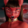 Stylized character with red skin, horns, and a gold necklace against a dark background.