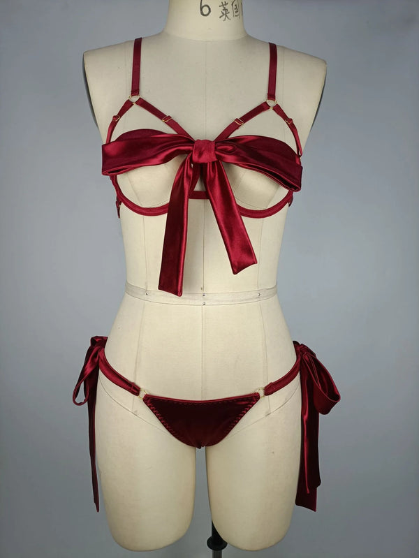 Koikiss Sex Toy® Women's Deep Wine Red Glossy Lingerie Set – Bra & Underwear | Model 2307073
