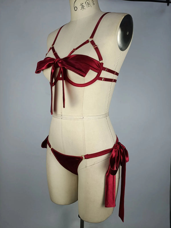 Koikiss Sex Toy® Women's Deep Wine Red Glossy Lingerie Set – Bra & Underwear | Model 2307073