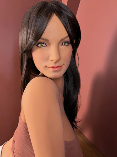 Computer-generated image of a woman with long dark hair against a pink background