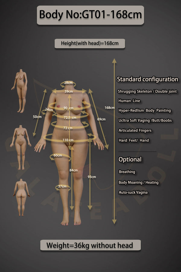 Technical diagram of a humanoid figure with measurements and specifications on a dark background