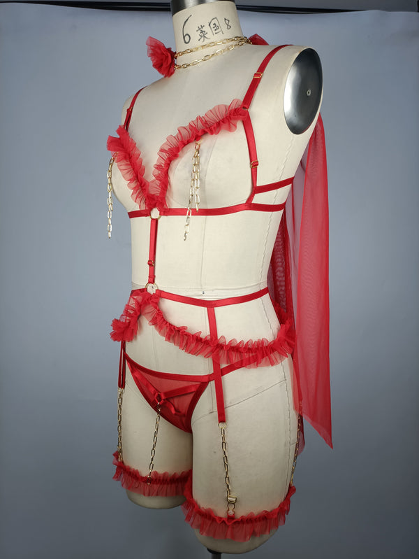 Side profile of woman in red bra with garter lingerie