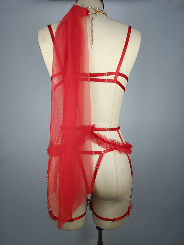 Back view of woman wearing red lingerie set