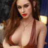A highly realistic Sex doll in brown dress.