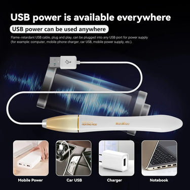 A white and gold USB power bank or portable charger device is shown on a dark promotional background with text explaining USB power availability. The main product is displayed prominently, with smaller inset images at the bottom showing use cases: mobile power, car USB, charger, and notebook.