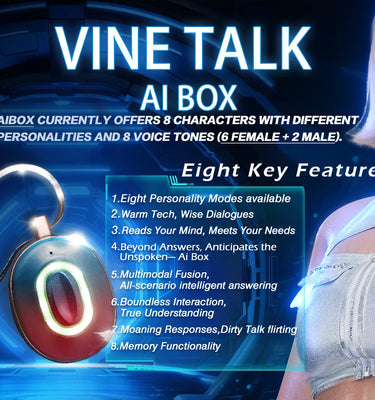 Advertisement for Vine Talk AI Box with character and features displayed.