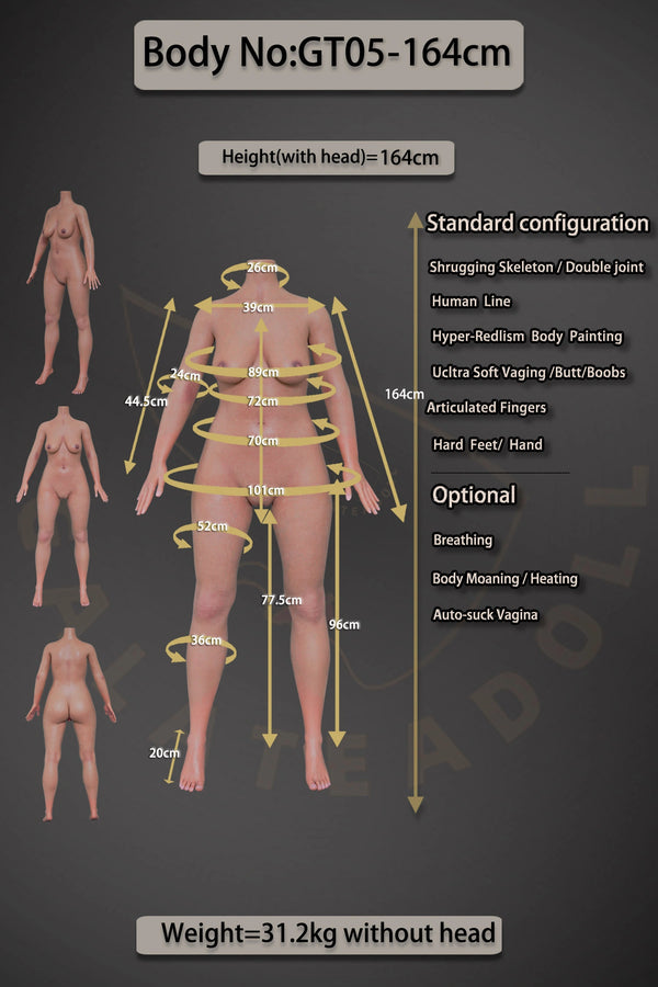 Technical diagram of a humanoid body model with measurements and specifications on a dark background.