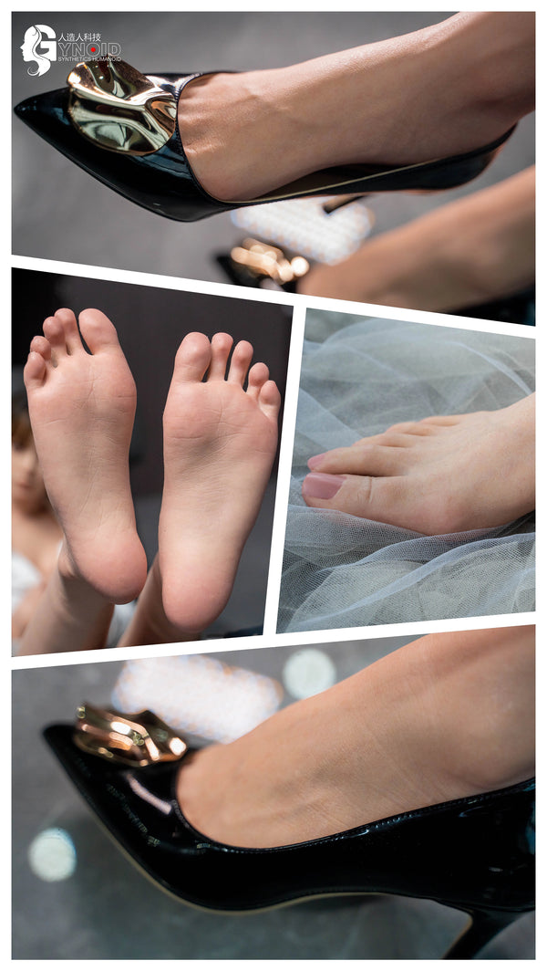 Collage of feet wearing high-heeled shoes with close-up shots of toes and soles.